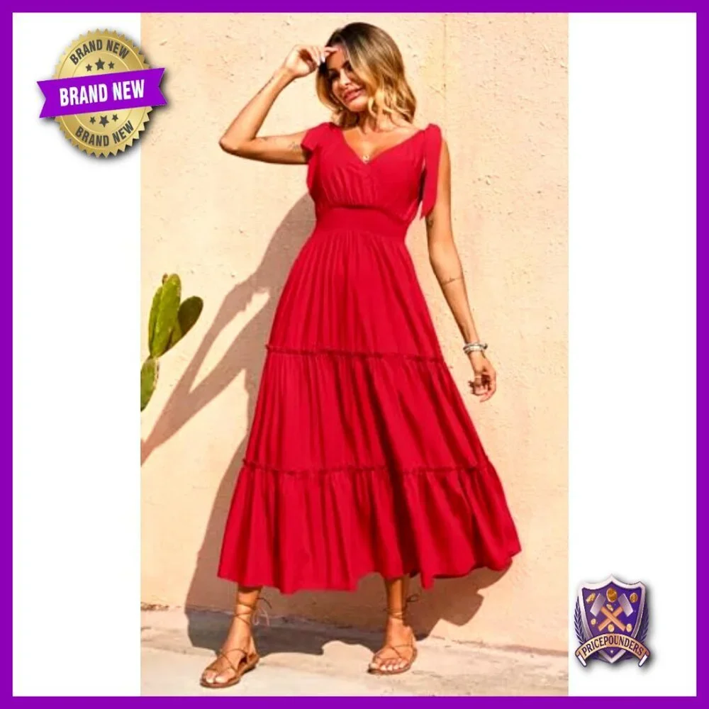 Sleeveless Smocked Waist Tiered Maxi Dress Cross Neck Boho Beach Sundress - Picture 4 of 7